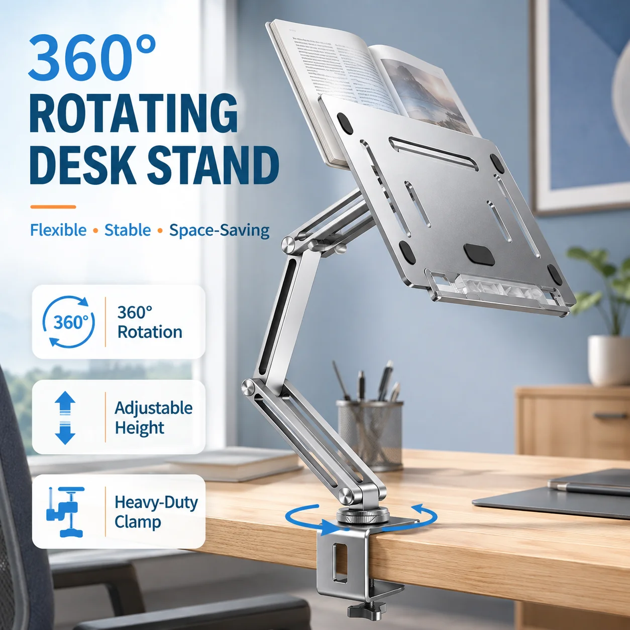 360° Rotating Desk Stand, Adjustable Aluminum Laptop Tablet Book Holder with C-Clamp for Reading and Office