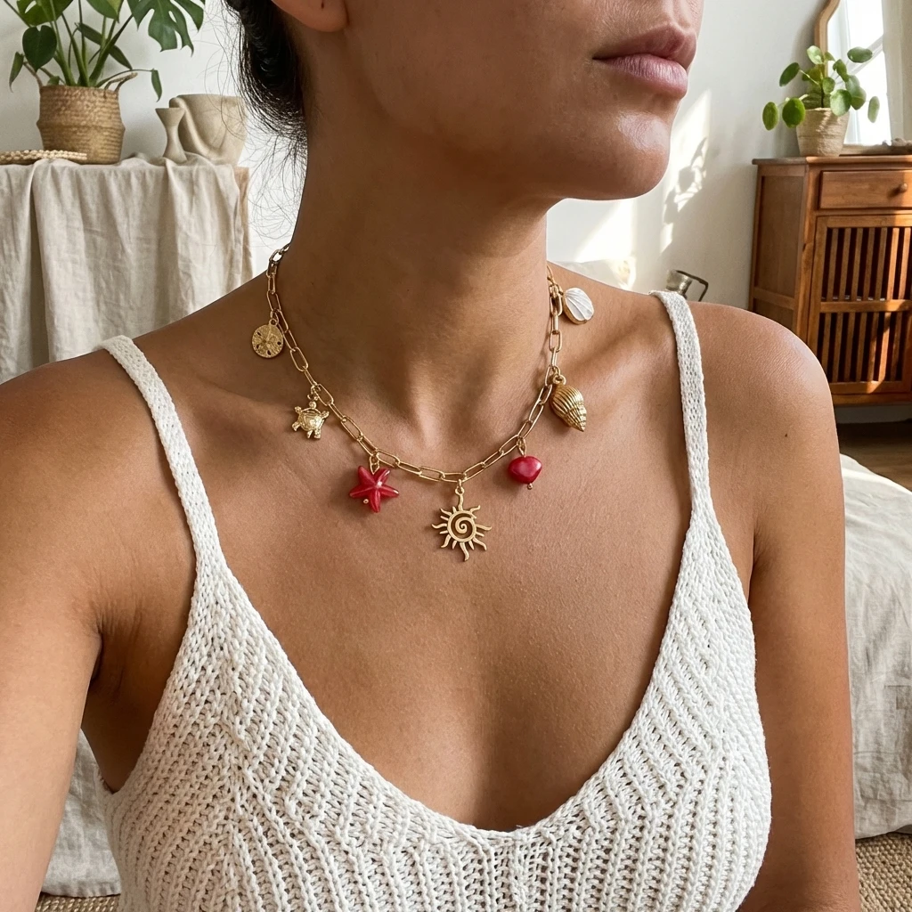Klassische Seestern-Kokospalmen-Muschel-Sonnen-Anhänger-Halskette für Frauen Boho Goldfarben-Kette Choker Trendiger Sommer-Strandschmuck – Detail 3