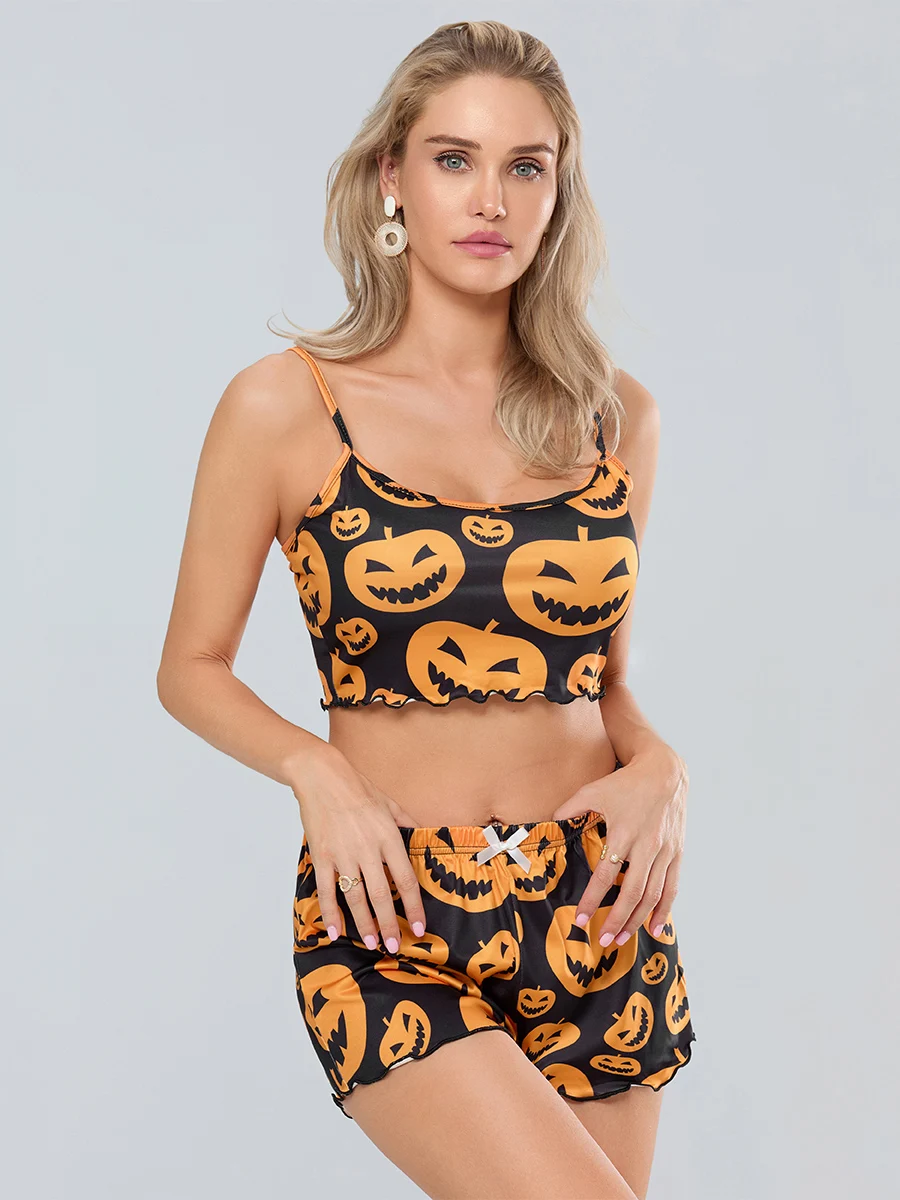 Women s Halloween Pajamas Set Pumpkin Print Cami Tops with Elastic Waist Shorts Loungewear