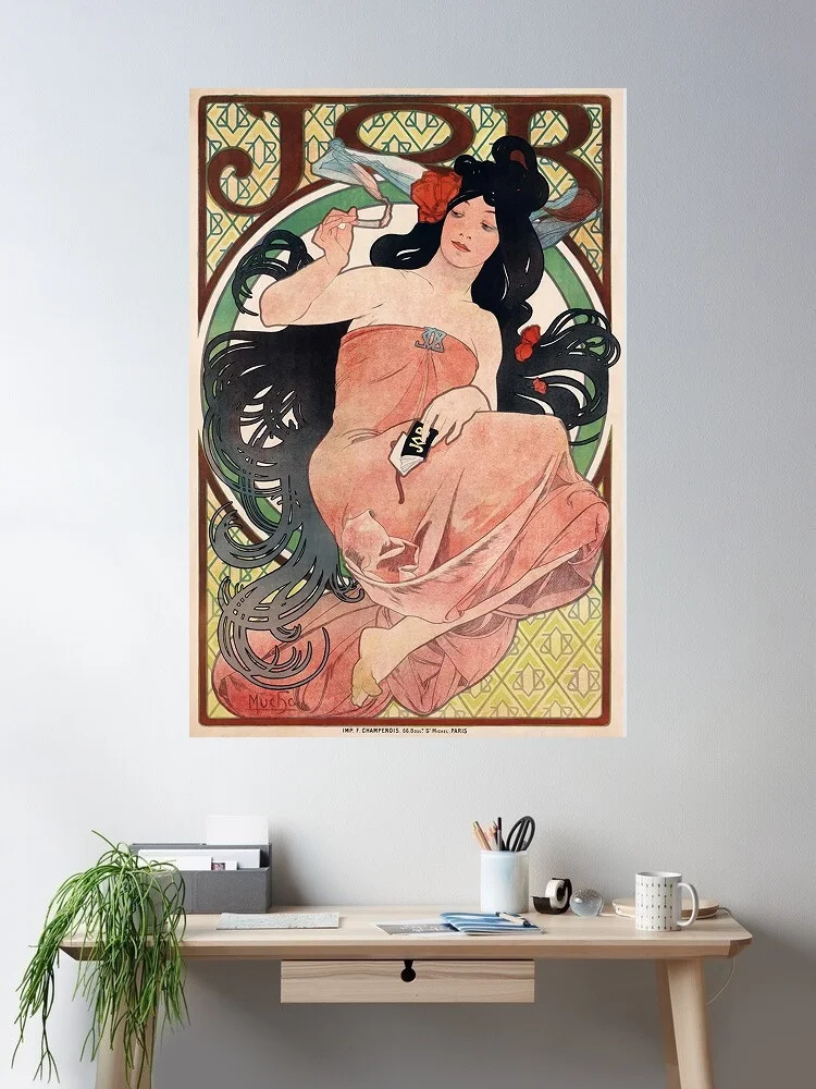 Job Cigarettes 1898 Alphonse Mucha Smoking Painting , Art Picture Print Canvas Poster Home Wall Decor