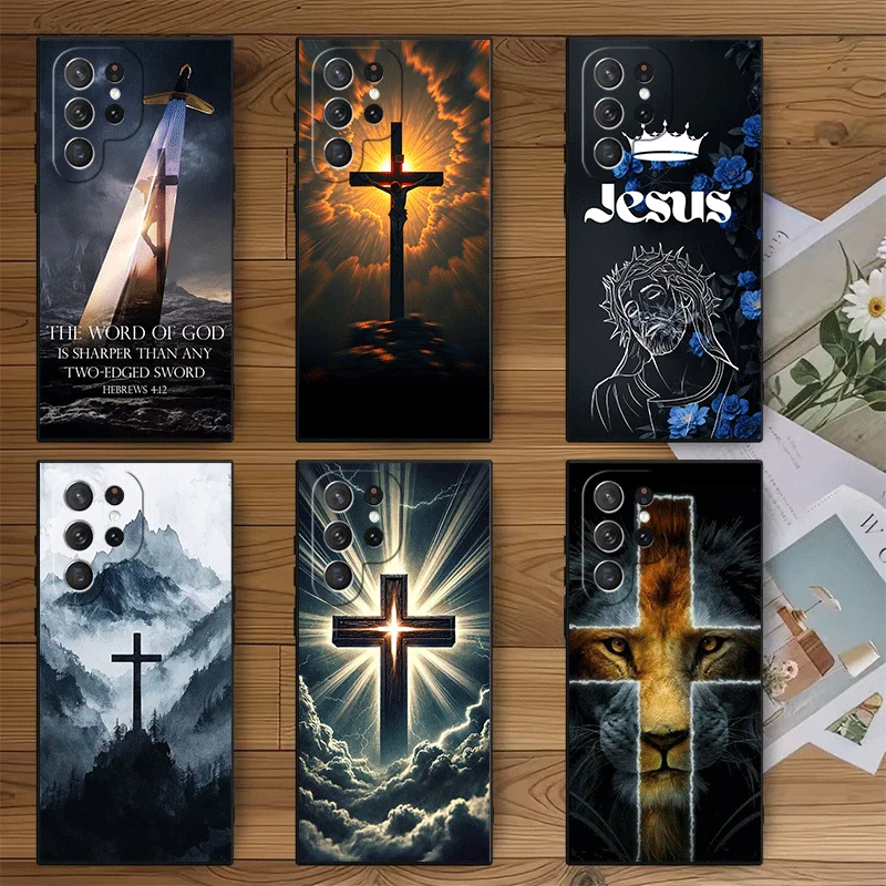 Coque de téléphone souple avec motifs Dieu, Jésus, Prière, Croix, Bible pour Samsung Galaxy S26 S25 Edge S24 Ultra S23 Plus S22 S21 FE S20, Couverture Arrière Noire