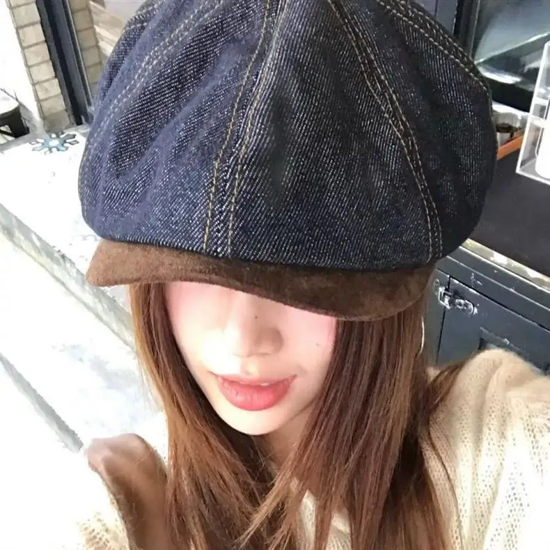 Suede Patchwork Denim Beret Women Outdoor Casual Newsboy Cap Fashion Art Painter Cap Vintage Beret