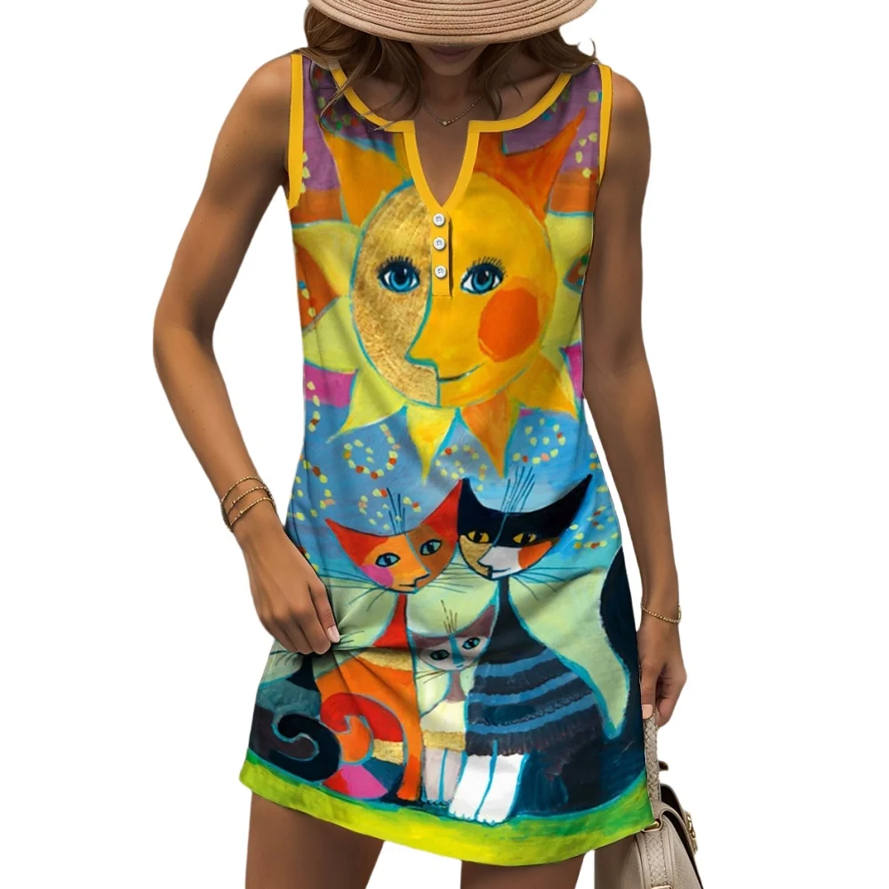 

Women's Summer Sleeveless V-Neck Mini Dress Fashion Cartoon Cat Print Button Ladies Mini Dress Sundress Shift Dress S-3XL
