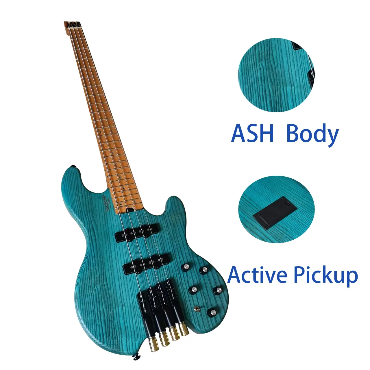 Custom 4-String Headless Bass Guitar - Ash Body, Roasted Maple Neck, Active Pickup, Stainless Steel Frets, Blue