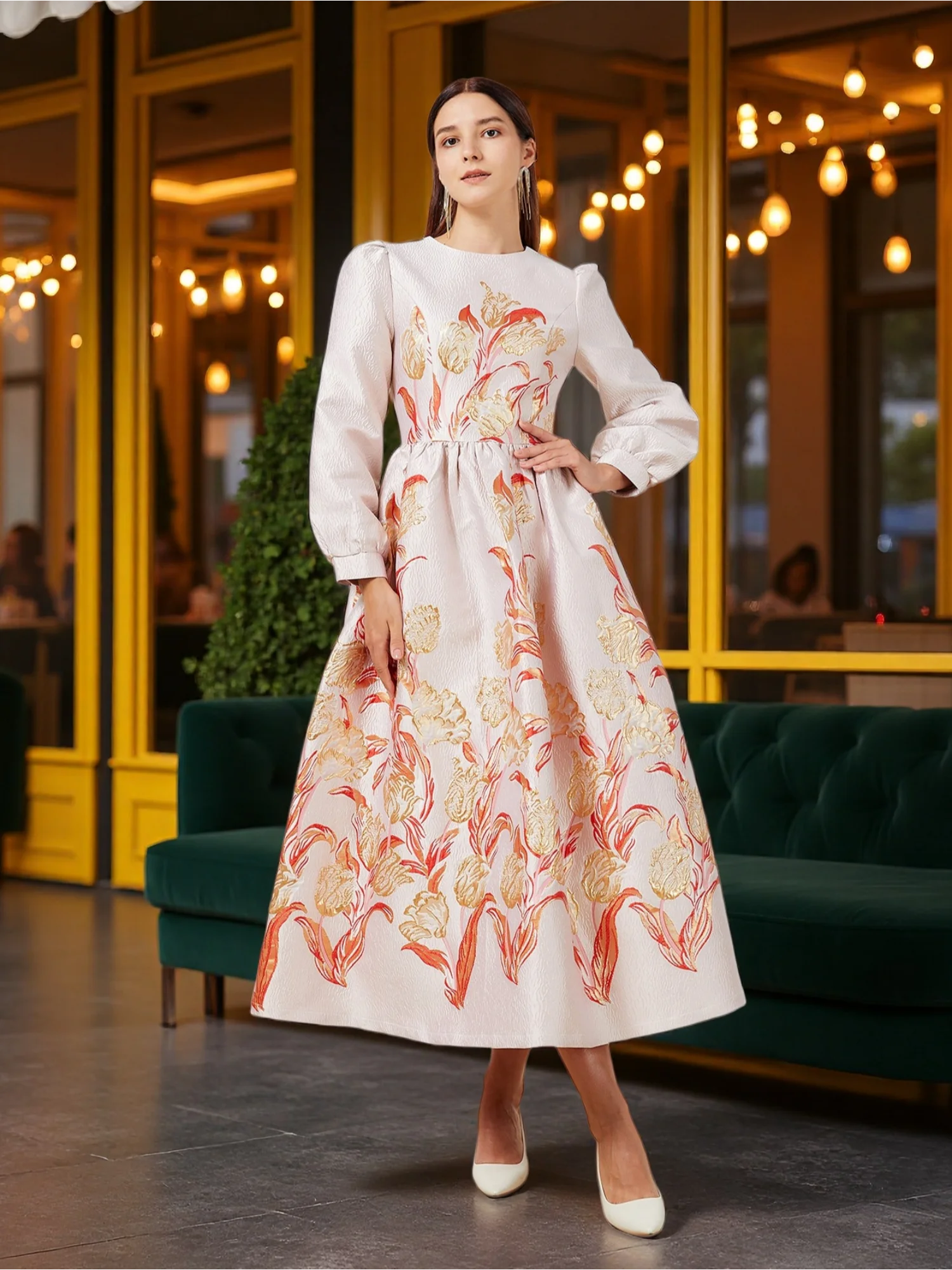 Robe Jacquard en Jacquard pour l'industrie lourde, nouveau Style, col rond, ligne a, Orange, or, florale, élégante, pour Banquet, automne-hiver