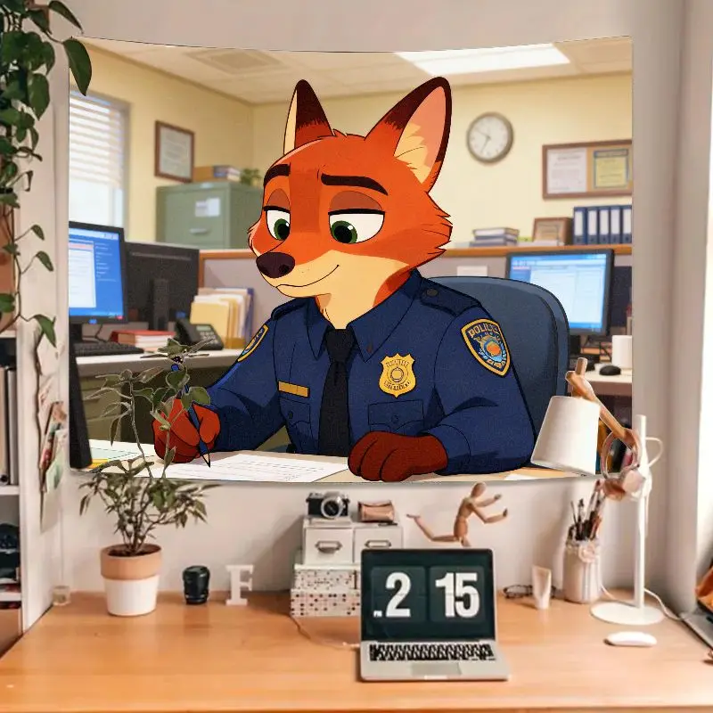 1PC Zootopia Nick Wilde Fox Polizei Wandteppich Moderne Cartoon Anime Wand Kunst Polyester Dekor Wohnzimmer Schlafzimmer Geschenk für Fans