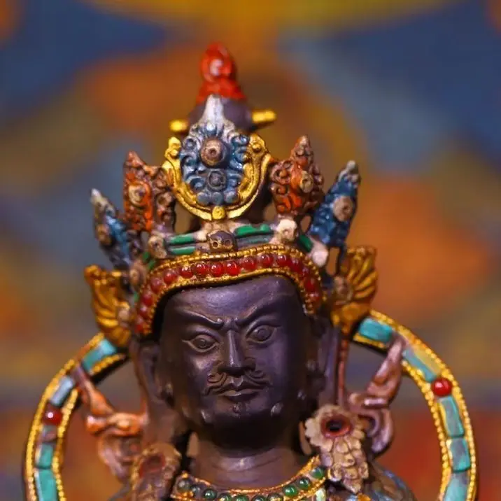 

9"Nepalese folk Old Purple Bronze Painted Mosaic Gem gZi Beads Shell Yellow Jambhala Sitting Buddha Town house