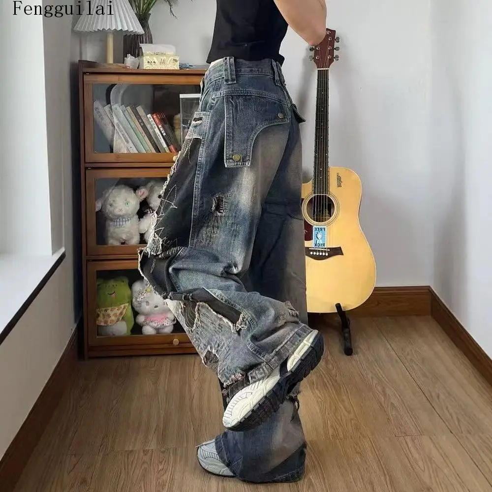Frayed Raw Edge Destroyed Jeans Vintage Gradient Wash Patchwork Wide Leg Loose Baggy Streetwear Denim Trousers