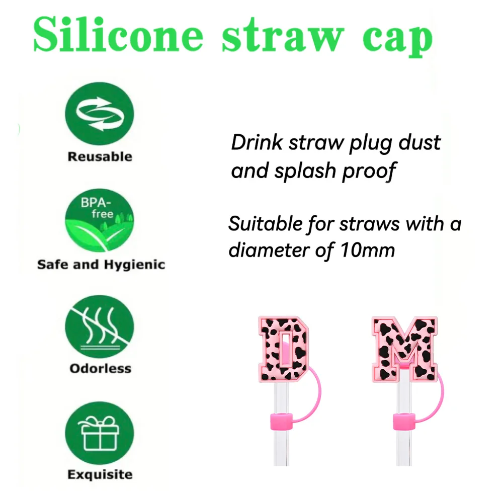 1-36pcs Leopard print letters Straw Cover Cap 10MM Silicone Straw Plug Reusable Stanley Cup Accessories Straw Cap Charms Pendant