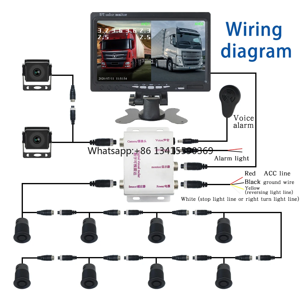 

8pcs Digital Rear Parking Sensor for Truck Buzzer 720P AHD Camera 1024*600 7 Inch AHD Monitor 24V Truck Radar Parking Sensor