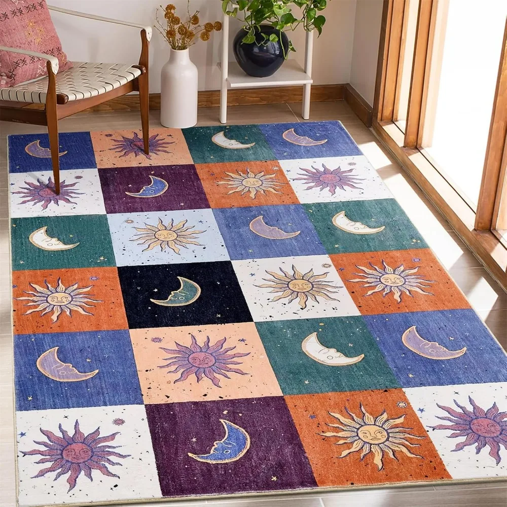 

Моющийся ковер в стиле бохо «Солнце и Луна», ультратонкий, винтажный, мистический, небесный, шахматный, 5x7, ковер для гостиной, прихожей, кухни