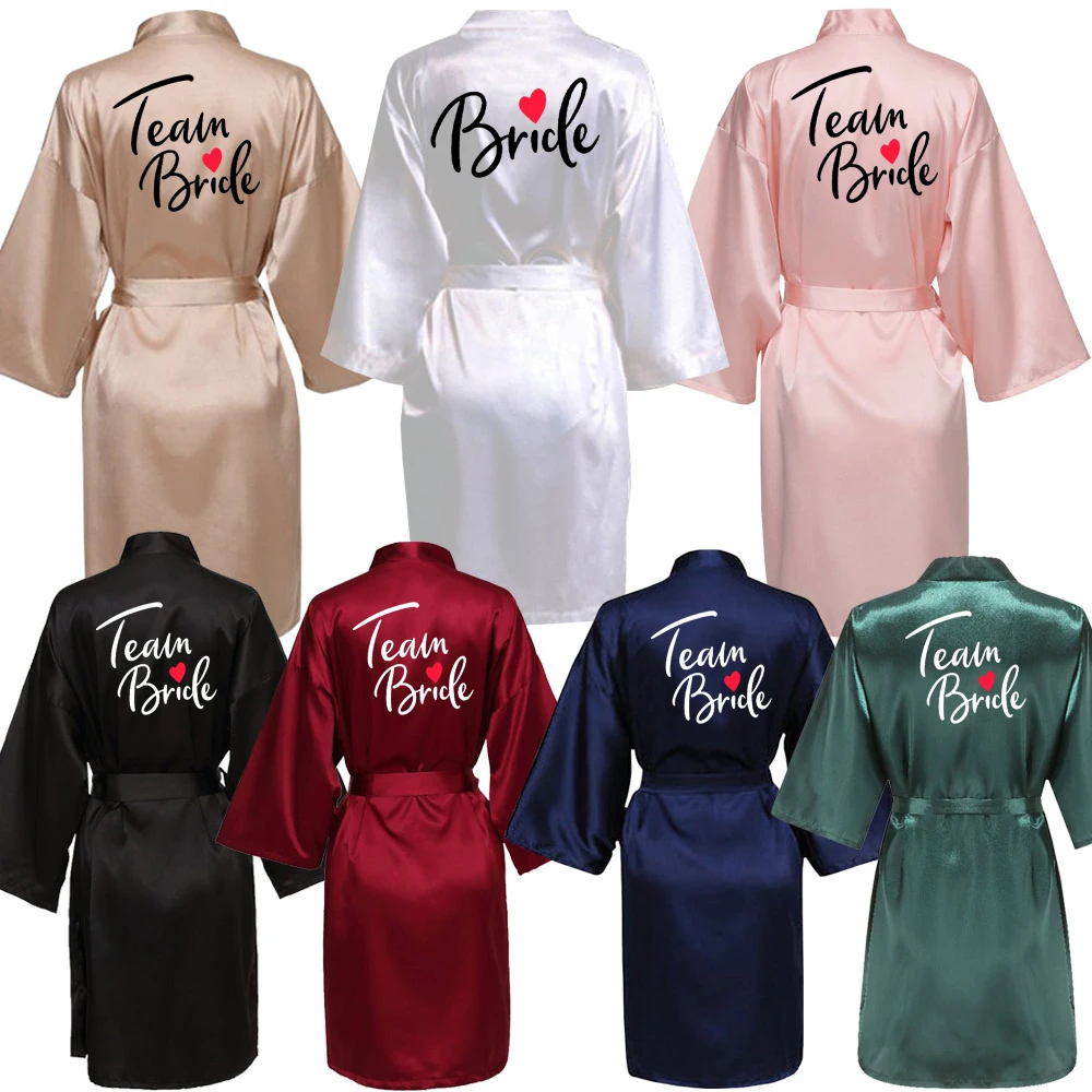 Team Bride Women silk-like Short Night Printing Robe Kimono Robe Fashion Bath Robe Sexy Bathrobe Femme Wedding Bride Bridesmaid