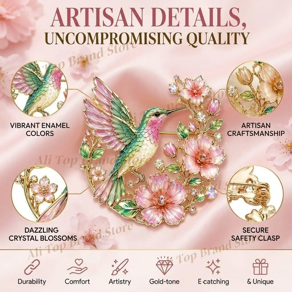 Hummingbird Brooch Enamel Flower Pin, Hummingbird Blossom Brooch Pin for Women, Cute Bird Floral Jewelry Brooch Pin for Bag Hat