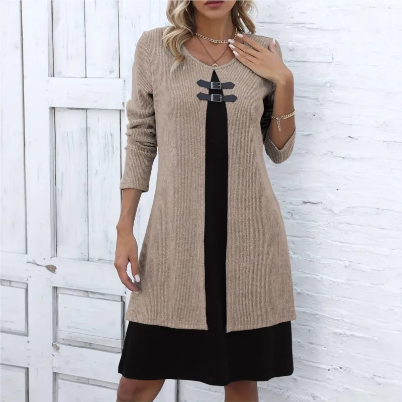 Autumn Winter Contrasting-color Faux Two-piece Buttons Midi Dresses Women's Elegant Splicing Knitted Casual Comfortable Dress