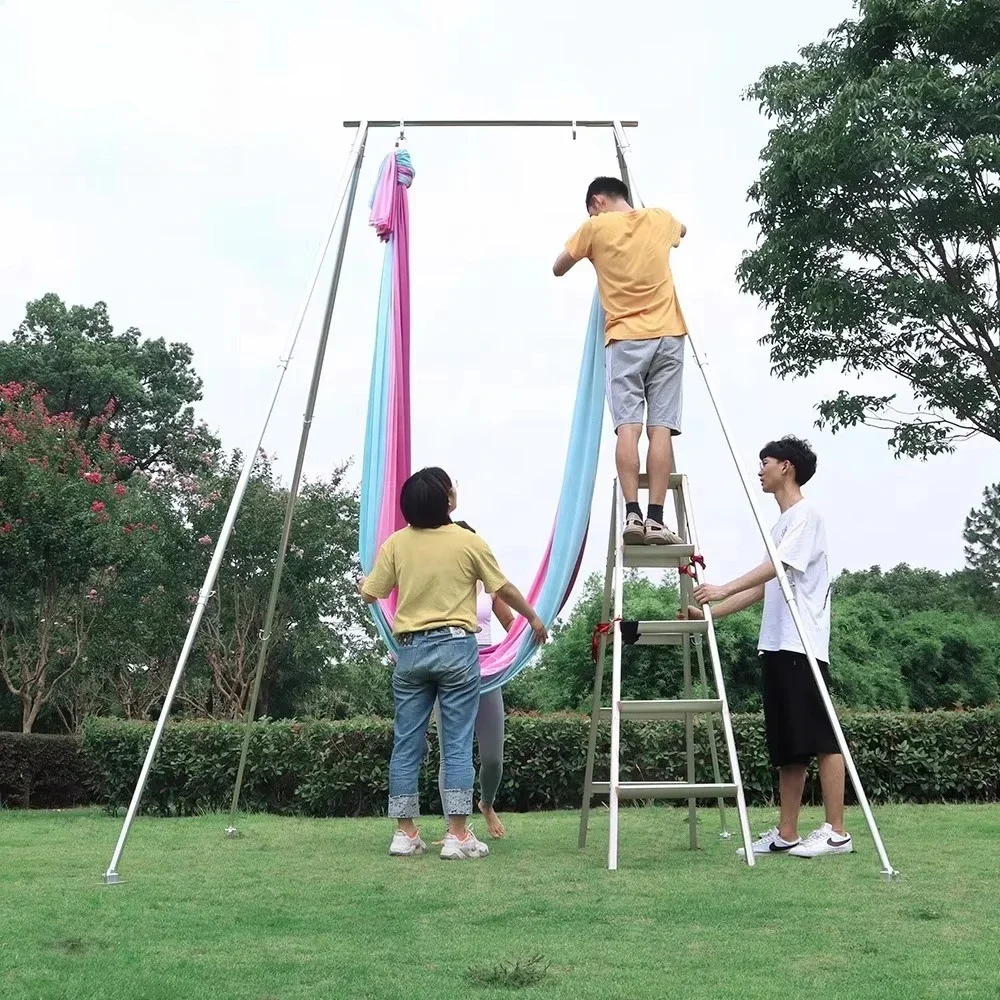 Height Adjustable Portable Aerial Rig Magnesium Alloy Yoga Hammock Stand Silver Silk Frame with Carrying Bags
