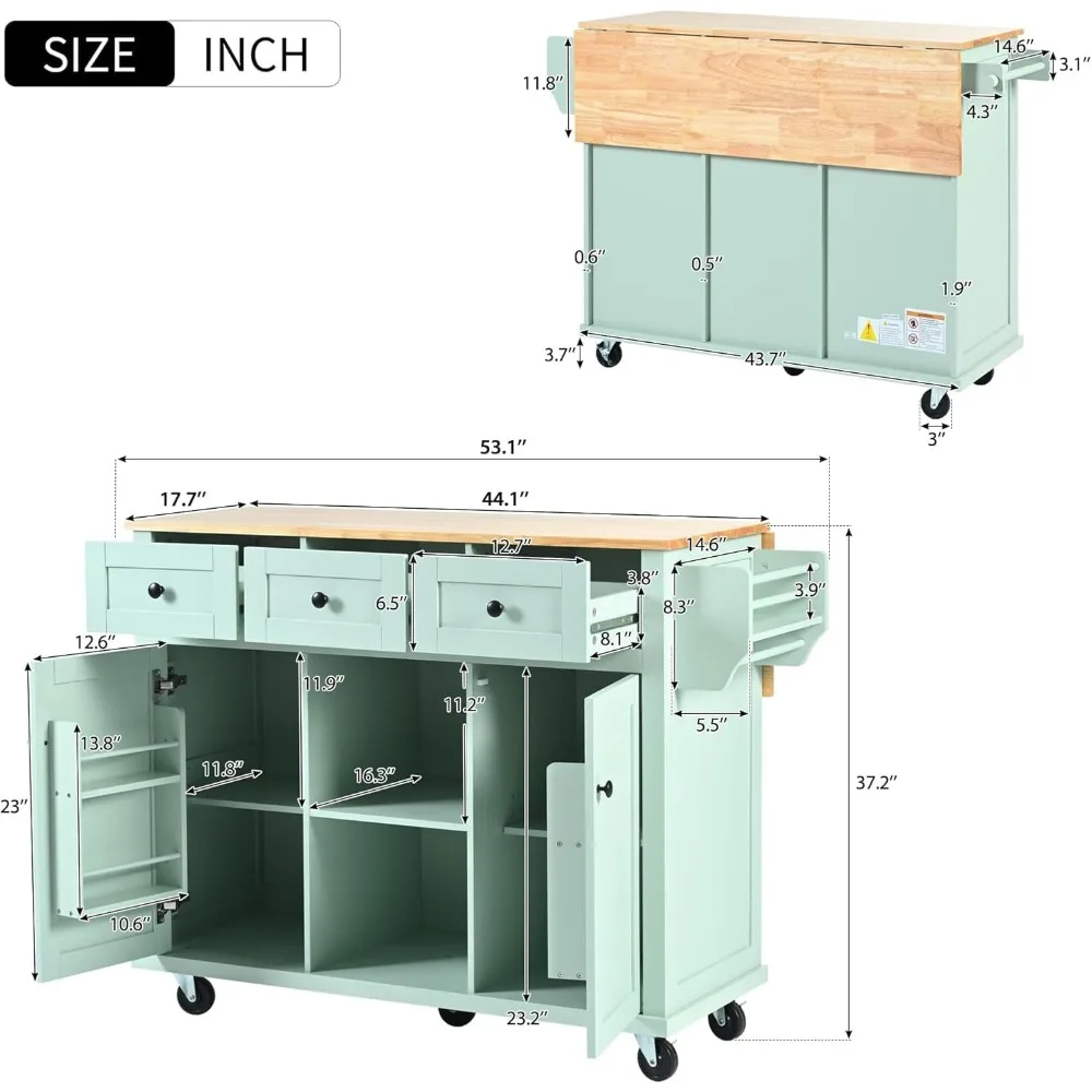 Kitchen Island Cart avec chute de bois en caoutchouc, dessus de seau en cuir chevelu, sur 5 roues avec armoire de rangement et 3 égouts de proximité pour salle à manger, vert menthe