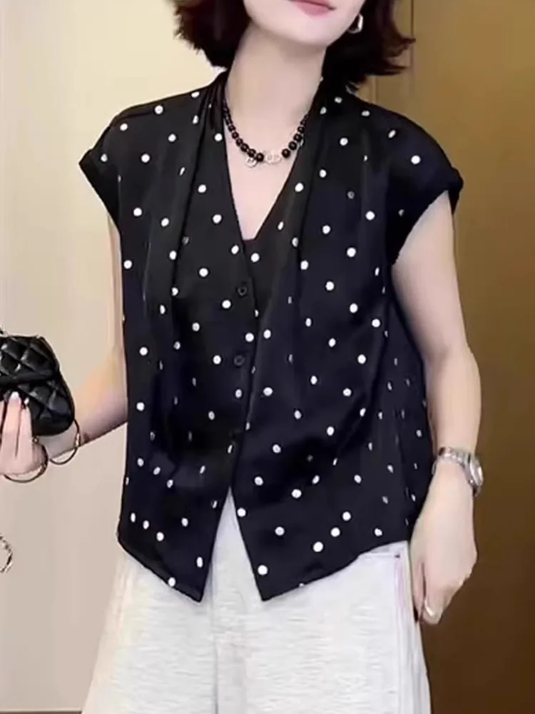 Faionable V-Ne Polka Dot Svel irt Damen-Sommer-Top mit schlankem Design, koreanische SLE-Bluse mit geradem Schnitt und Knöpfen