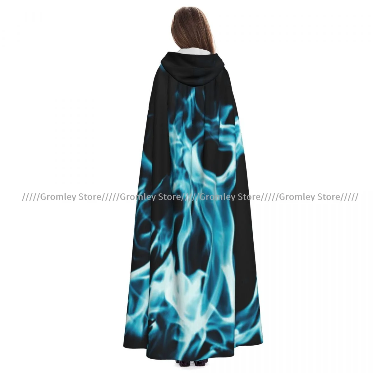 

Witch Long Hooded Robe Abstract Blue Flame Fire Halloween Cloak Cosplay Costumes for Adult