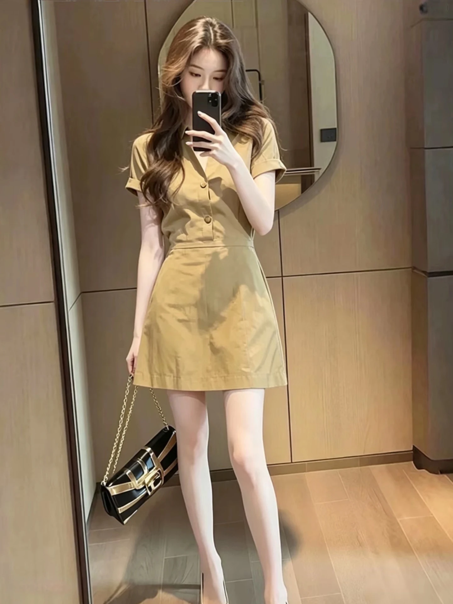 

Retro Collar Short Sleeve Dress Women's High Waist A-Line Slimming Skirt Korean Style Commute Button Soft Medium Fabric
