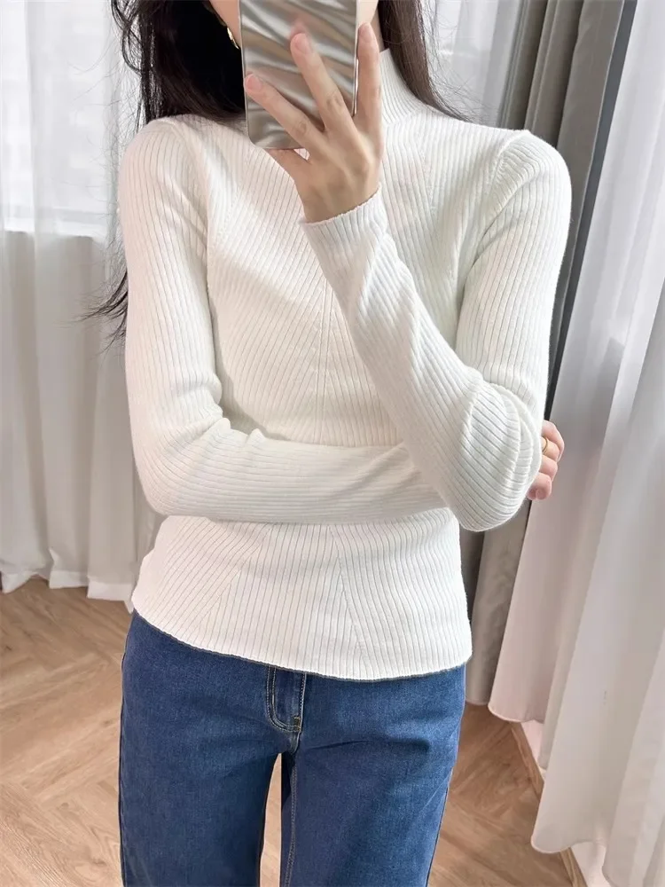 Women White Sweater Back Logo Embroidery Turtleneck Long Sleeve Slim Casual Knitted Pullover