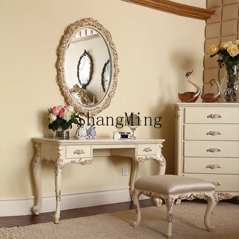 FG good-looking  Antique White Rose Carved Dresser Makeup Mirror Dresser Table Home Jewelry Cabinet
