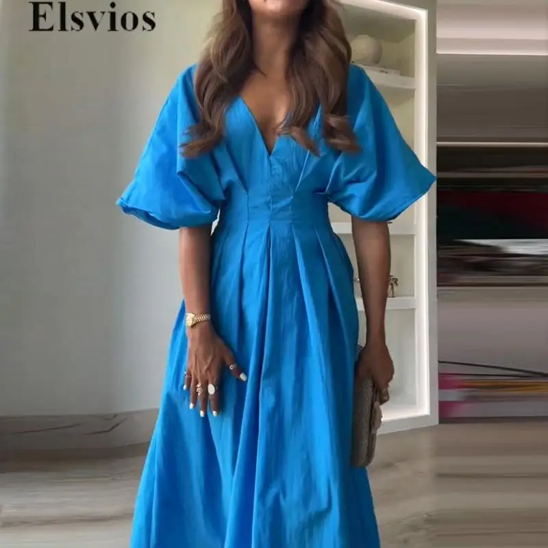 2024 Women Solid Color Party Dress French New V-Neck High Waist Office Long Dress Summer Elegant Pleat Short Sleeve A-line Dress