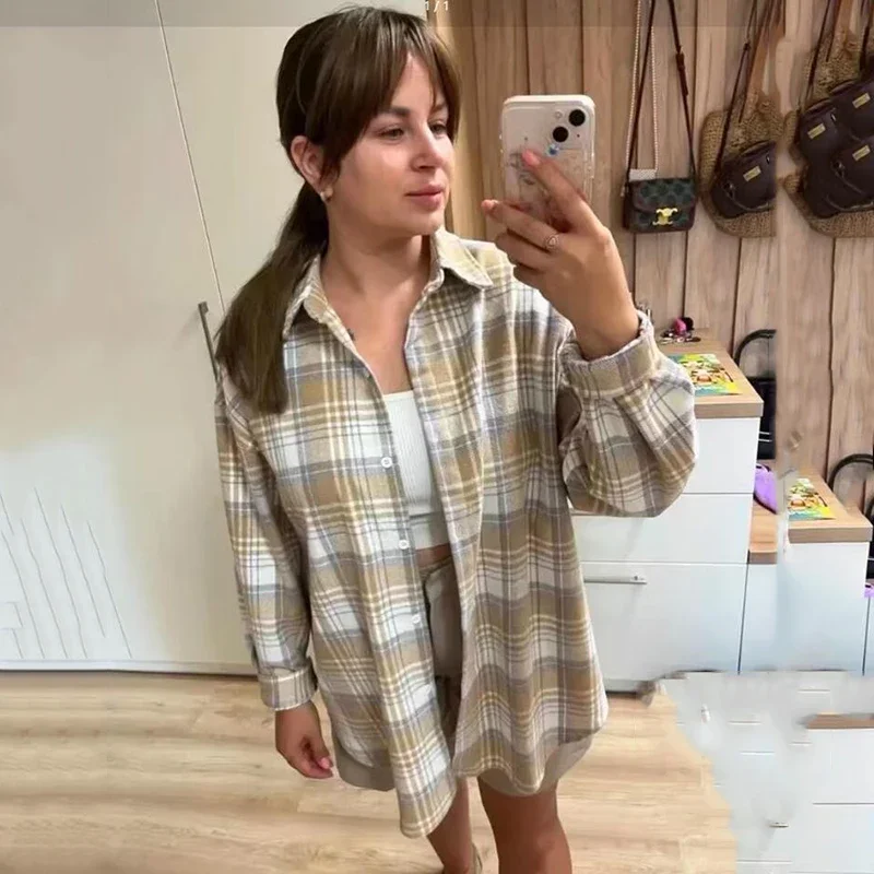 

Новая осенне-зимняя повседневная женская рубашка оверсайз в клетку с отложным воротником и длинным рукавом, винтажная базовая блузка-пальто в стиле Y2K, женская одежда