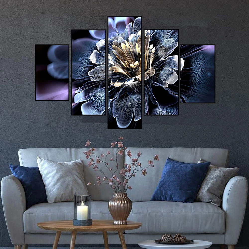

5 Piece Dream Purple Flower Fantacy Floral Mural Wall Art Canvas Pictures Print Posters Home Decor for Living Room Paintings