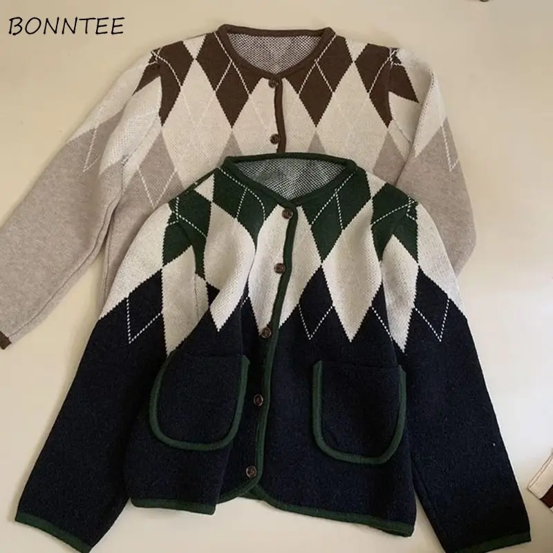 Cardigans Women Warm Autumn Cozy Classic Argyle Vintage Ulzzang Panelled Pockets Designed Knitwear Sweet Student O-neck Gentle