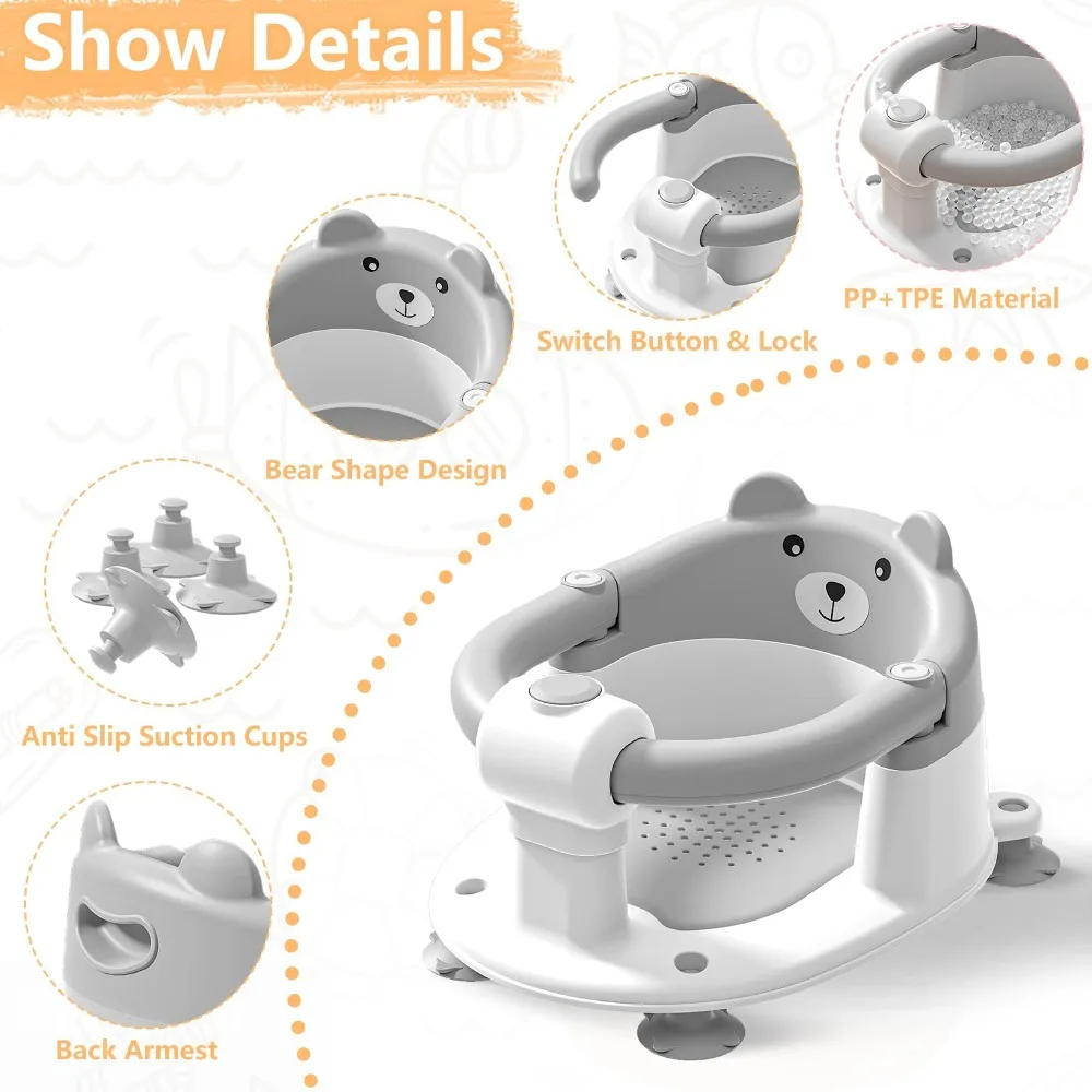 

Non-Slip Bath Seat with 4 Suction Cups Soft Cushion Infant Bath Tub Chair Compact Babies Sitting Up Toddler Bathtub Seat