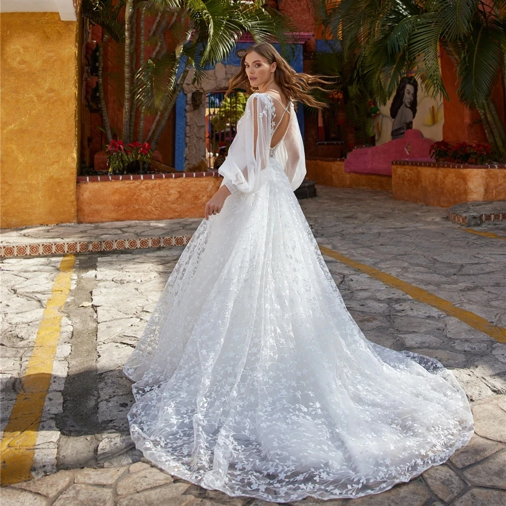 Luxury Wedding Dresses Sexy V-Neck A-Line Bridal Gowns Lace Appliques Tulle Robes Long Puff Sleeves Elegant Vestidos De Novia