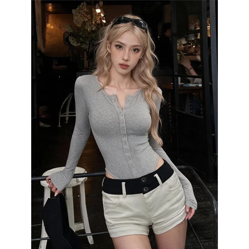 Retro American Grey Henry Collar Long Sleeve Onesie Slimming Sexy Top for Women Polyester Fabric Regular Fit Daily Wear