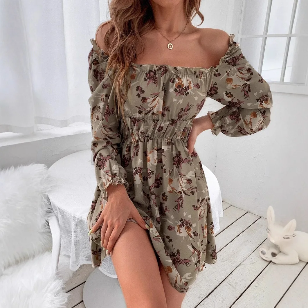 فستان صيفي بطباعة زهور وياقة مربعة مكشوفة الكتفين بتصميم A-Line للنساء، أزياء عابرة للحدود