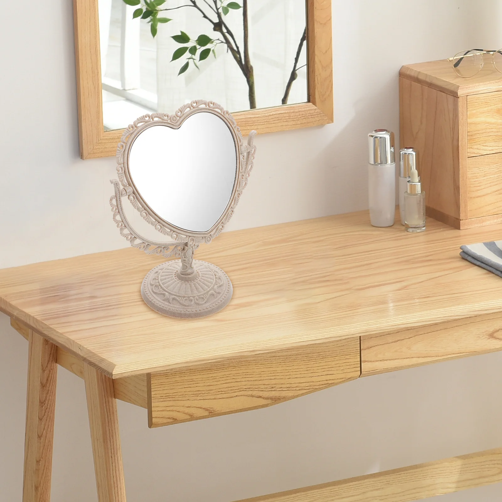 Vanity Mirror giratório para mulheres, em forma de coração, quarto, beleza, mesa, espelhos de maquiagem dupla face