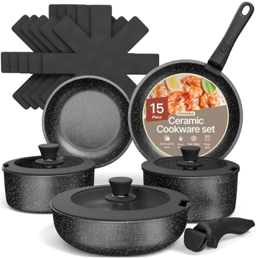 

Pots and Pans Set Non Stick Ceramic-Granite 15-Piece Cookware with Detachable Handles Stackable Space-Saving Dishwasher Safe Ov
