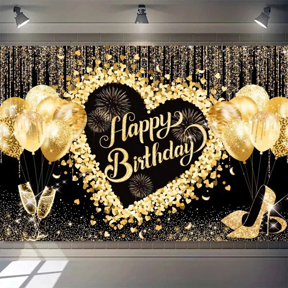 Black Gold Adult Birthday Background Gold Glitter Balloon Party Family Portrait Photography Backdrop Birthday Decor Banner