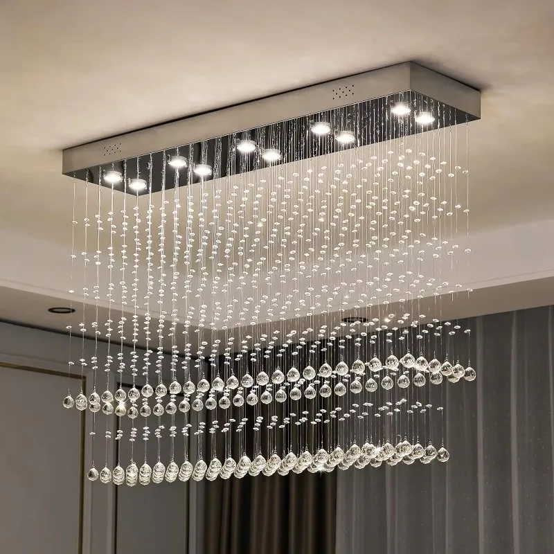 

Modern Rectangular Crystal Chandelier Ceiling Lighting Fixture Raindrop Pendant Flush Mount Light Rectangle Chandeliers