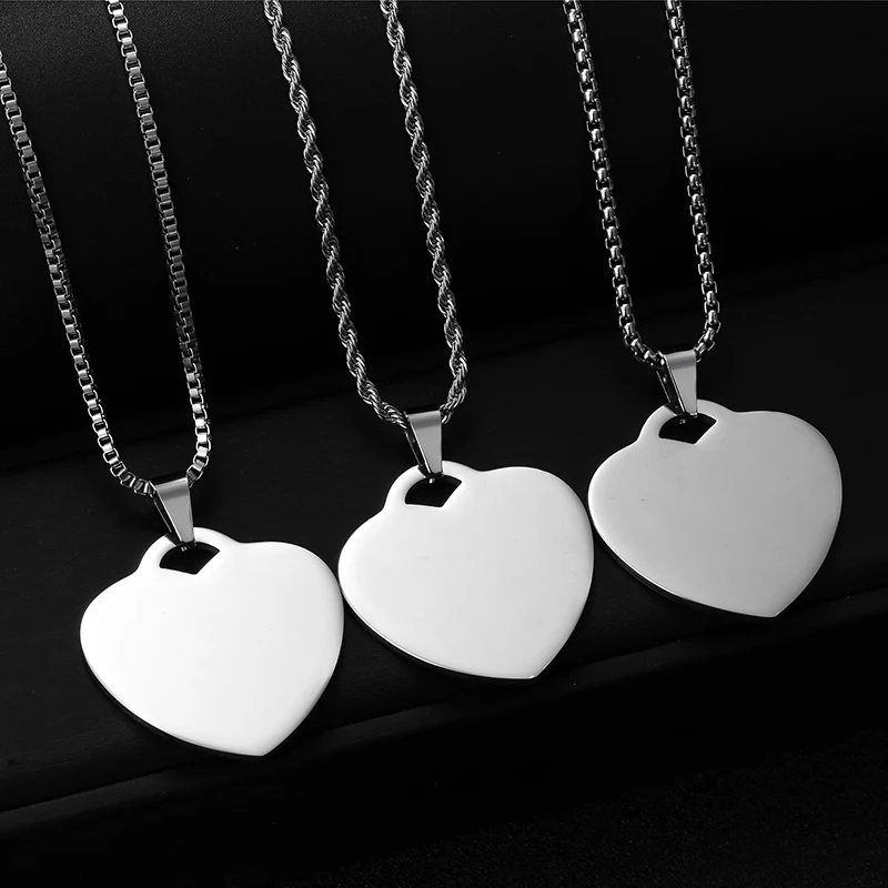 Customized Stainless Steel Engraved Photo Text Heart Pendant Necklace Laser Engraving Dog Tag Cuban Chain Box Chain Family Gifts