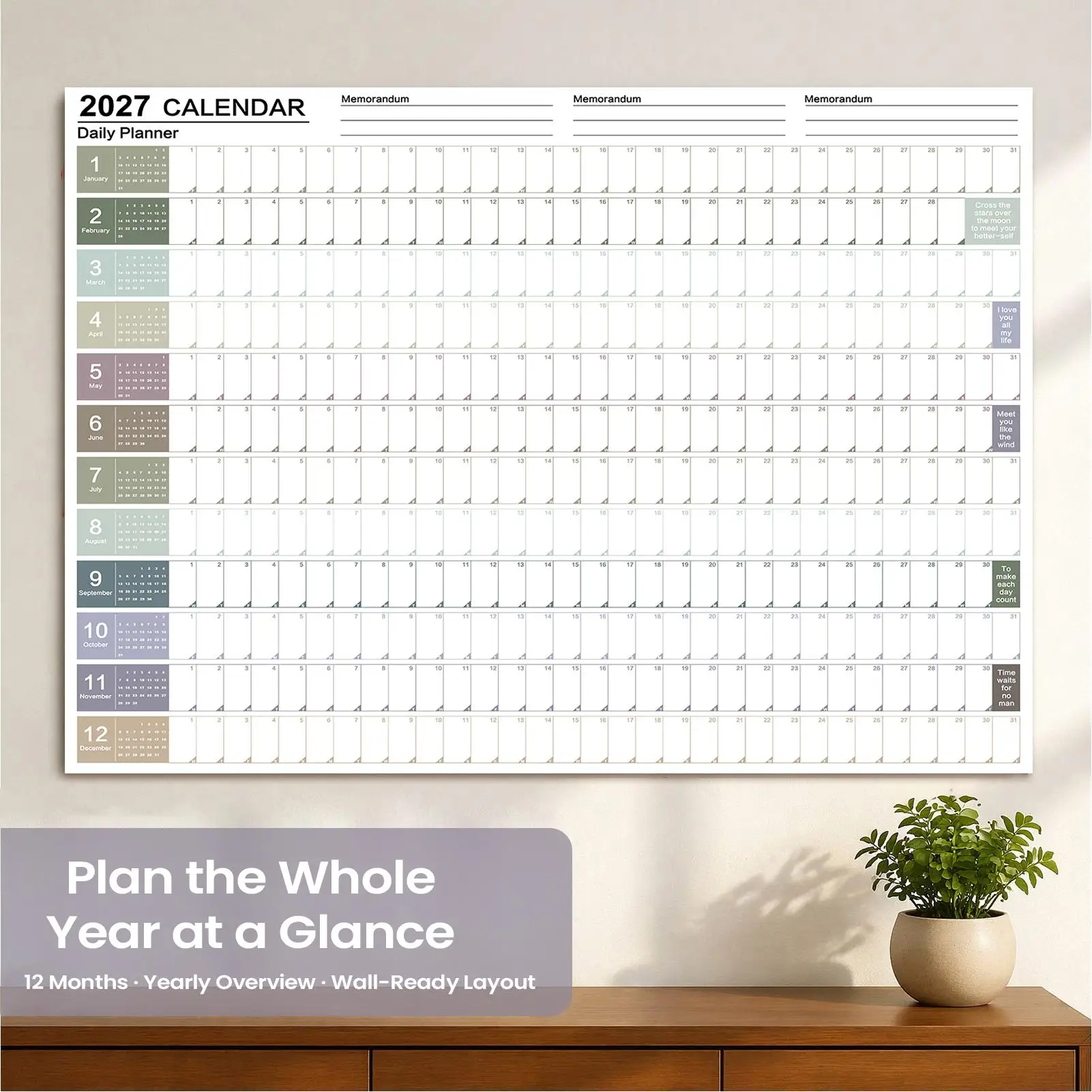Large Size 2027 Year Calendar Wall Double-Sided 12 Months Colorful Labels Annual Yearly Wall Planner For Apartment BedroomSchool