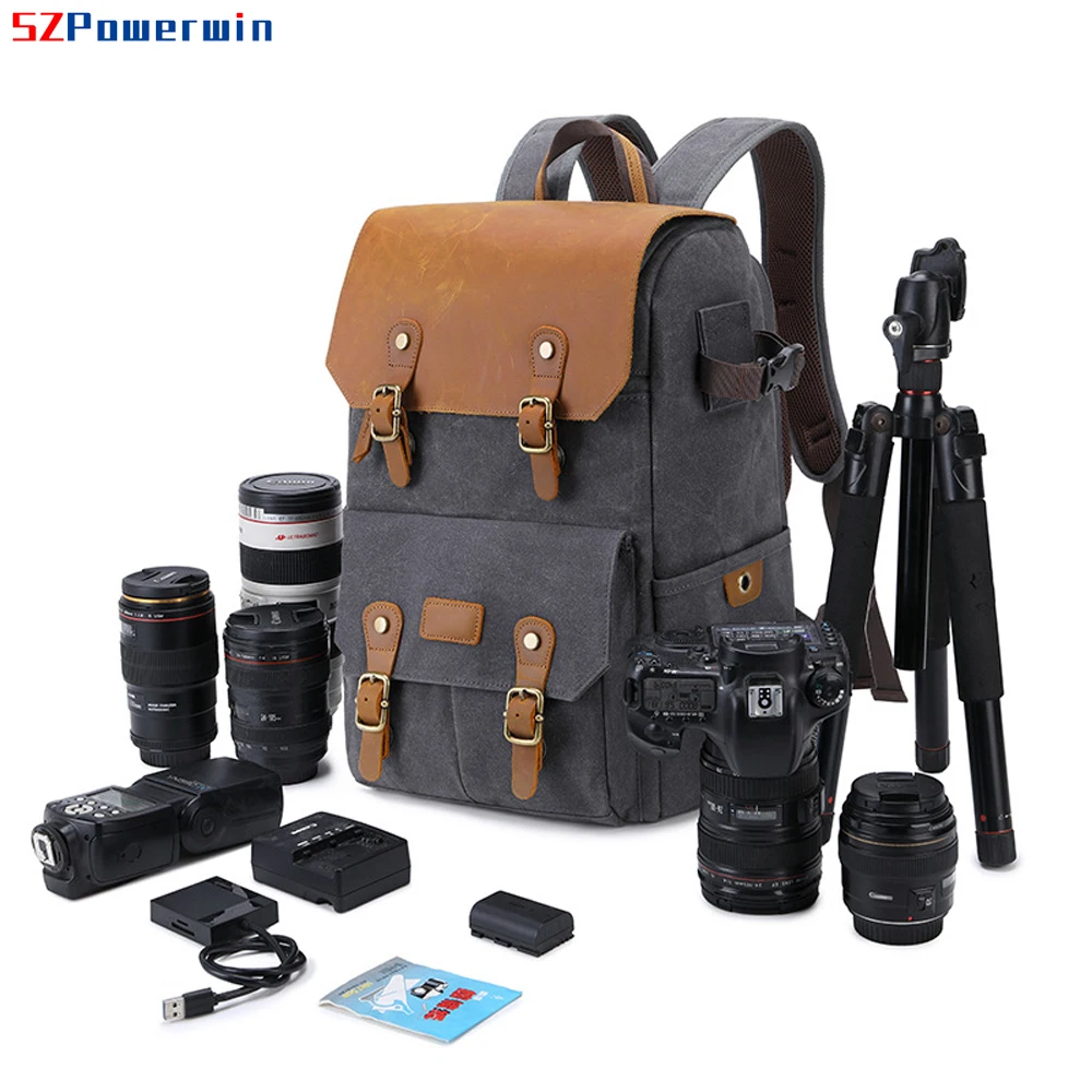 Imagem -02 - Powerwin Impermeável Dslr Slr Câmera Bolsa de Couro Cavas Anti-roubo Mochila para Lente Drone Computador Tripé Monopé Flash Carregador