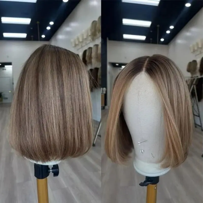 

Парики из натуральных волос, прямой парик боб для женщин, шоколадно-коричневый со светлыми бликами, парики спереди, кружевные передние парики для женщин 100, индийские волосы