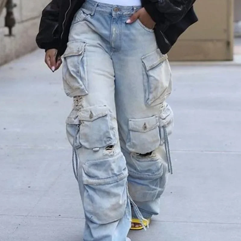 

Women Chic Fashion Holes Multi Pockets Denim Cargo Pants Button Fly High Waist Loose Casual Jeans Trousers Y2K Streetwear Bottom