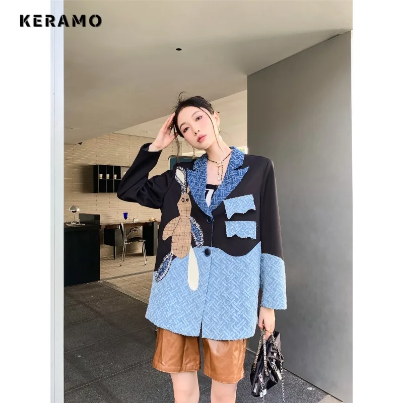 Women Harajuku Y2K Patchwork Notched Collar Long Sleeve Blazers 2023 Autumn Winter Vintage Casual Single Button Loose Suits