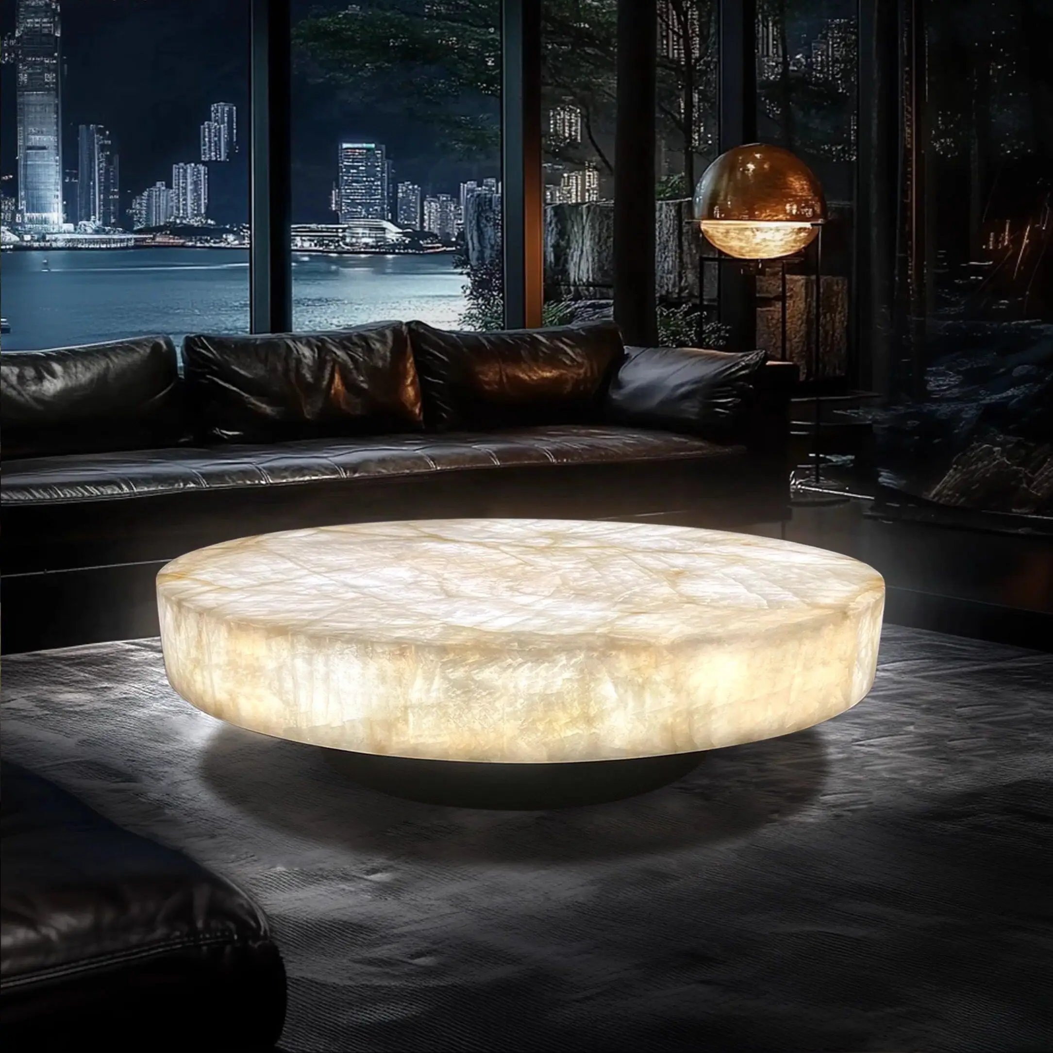 Round luminous coffee table, living room white ice jade villa marble high sense