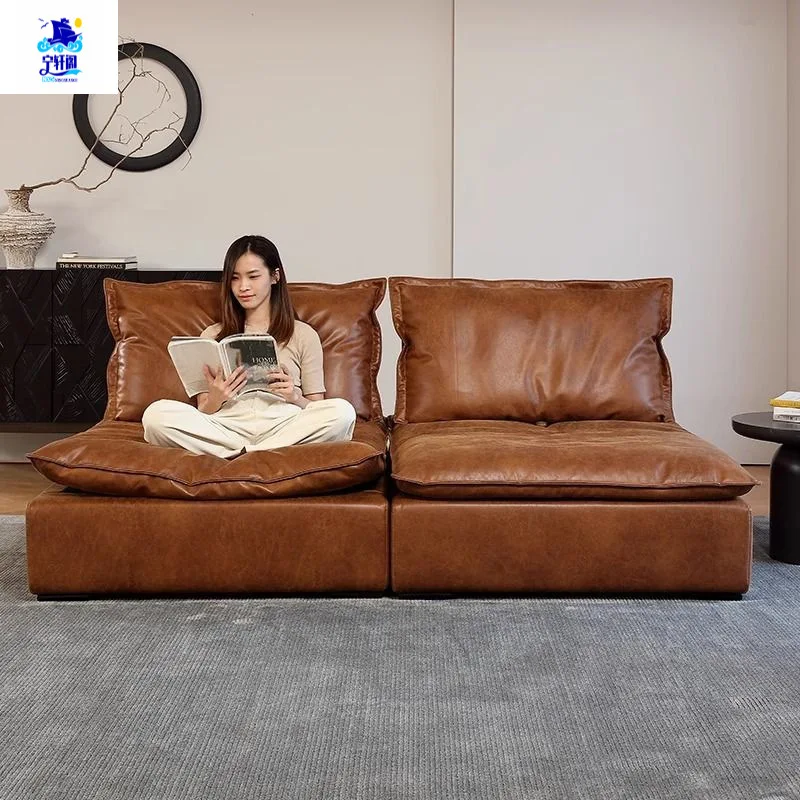 The First Layer of Cowhide Has  Backrest Leather Sofa Italian Cloud Caramel Color Modular