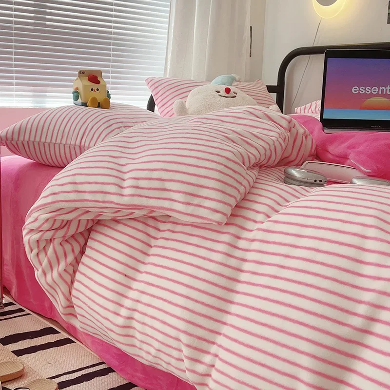 Ins Yellow Dopamine Striped Milk Fleece Autumn and Winter Thickened Double-sided Coral Fleece Quilt Cover Double Four-piece Set