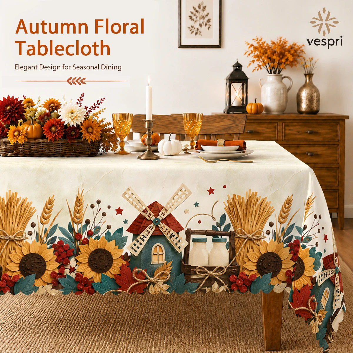 Country Tablecloth with Barns & Wheat for Indoor/Outdoor Camping decor, Rectangular/Round/Oval