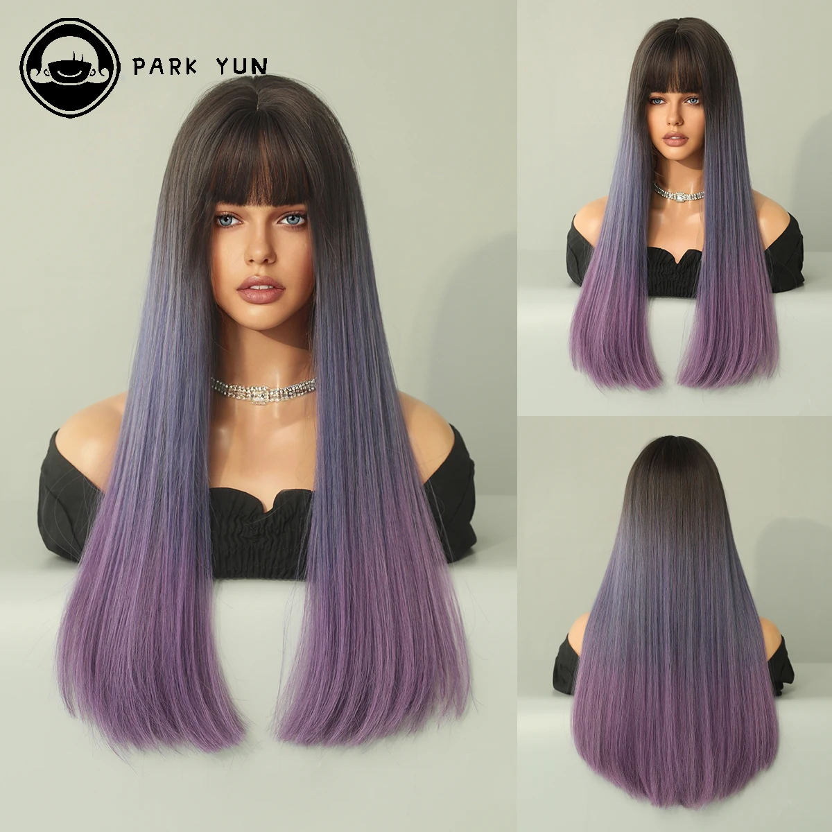 Long Straight Synthetic Wigs Purple Ombre Wigs with Bangs for Women Use for Cosplay Daily Lolita Natural Hair Heat Resistant