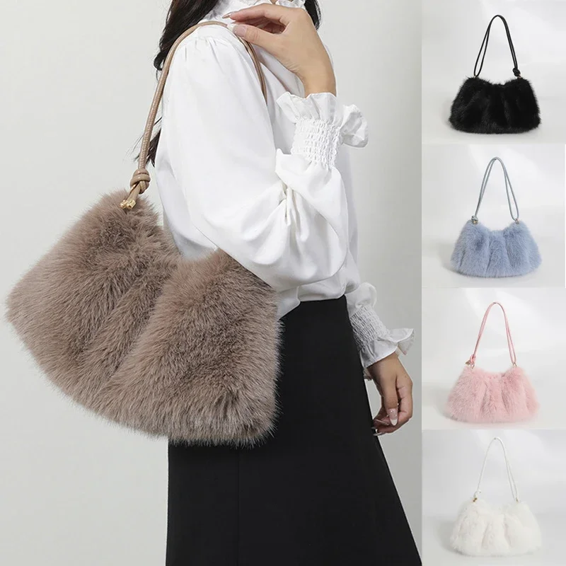 Bolso de mano de otoño e invierno para mujer, moda de piel sintética, cien con bolso de felpa, bolso de hombro con cremallera de gran capacidad de Color sólido