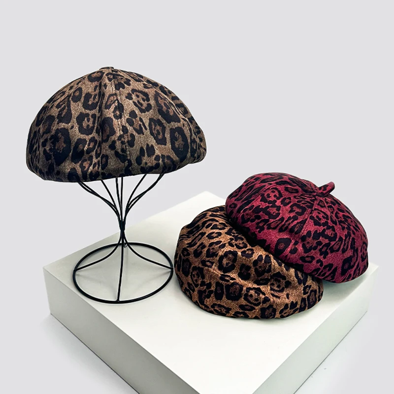 

New Women Y2K Leopard Print Retro Octagonal Hats Warm Personal Sunshade Versatile Outdoor Beret Caps Casual Fashion Street ins